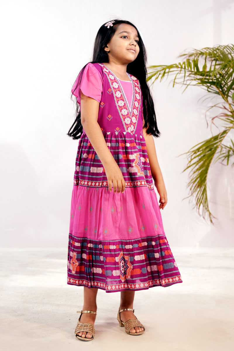 Vivid Purple Voile Printed Frock for Girls